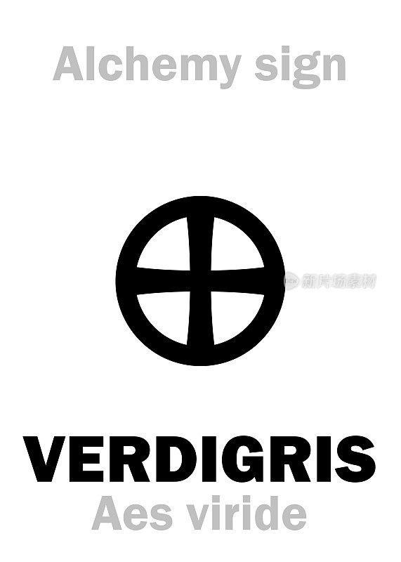 炼金字母:VERDIGRIS (Aes viride, viride ævis)， vert-de-Grèce(“希腊的绿色”)，vert-de-gris(“灰色的绿色”)，vert-de-terre(“地球的绿色”)-绿色的铜绿。醋酸铜=[铜(CH₃首席运营官)₂]。